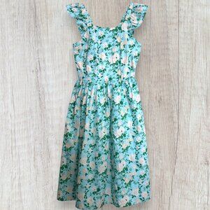 BLUEBERI BOULEVARD Women's Blue Pink Green Floral Ruffle Sleeve Smocked Dress S